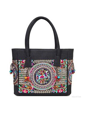 Embroidered Canvas Tote Bag with Zipper Handmade Vintage Shoulder Bag